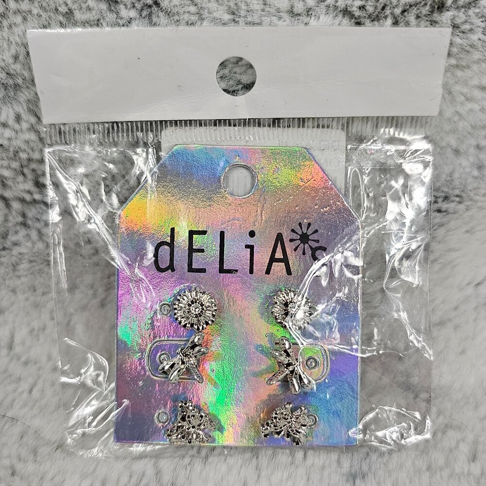 Dolls Kill Delias Butterfly Flower Dragonfly 3-Pack Earrings Sets Silver NEW